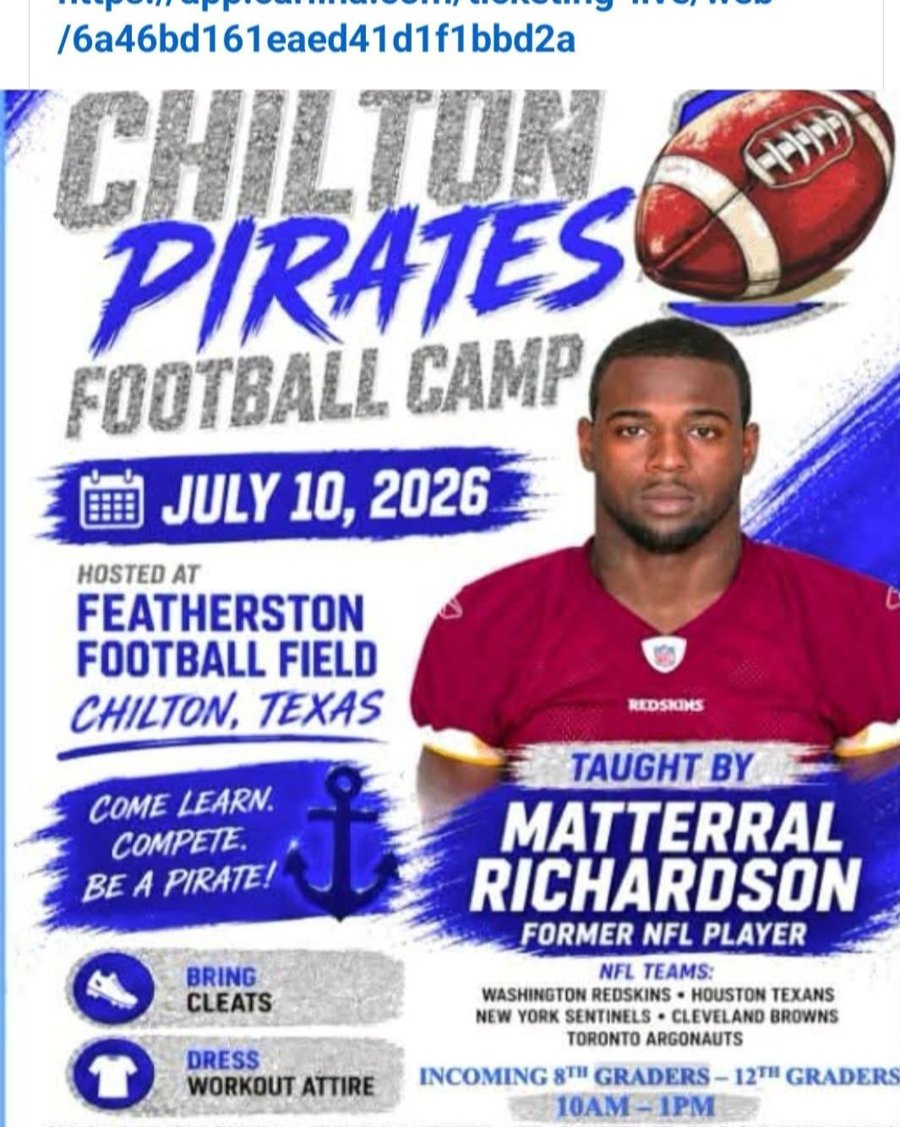 Chilton Pirates Football Camp official flyer — July 10 2026